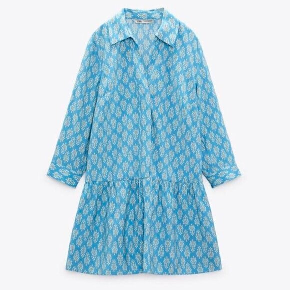 Zara The Carly Printed Mini Dress NWT L Blue Block Print - Picture 4 of 10